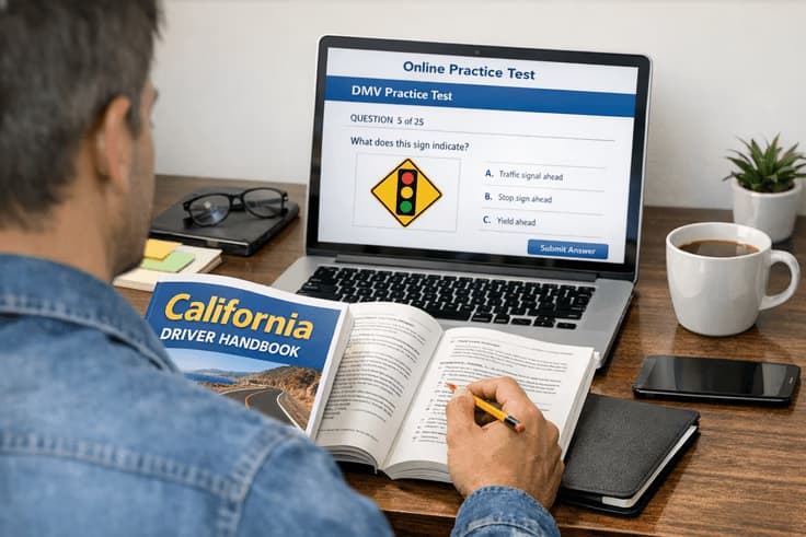 Studying for the California driving test with California DMV driving test practice questions and handbook