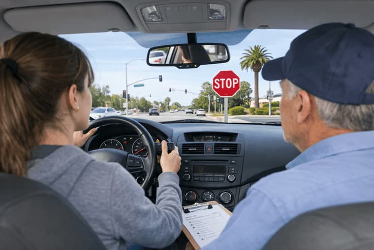 California driving test practice in real traffic: stopping fully, signaling, and mirror checks for the California driving test