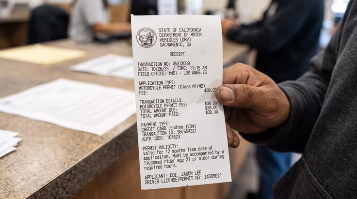 California DMV motorcycle permit application fee receipt