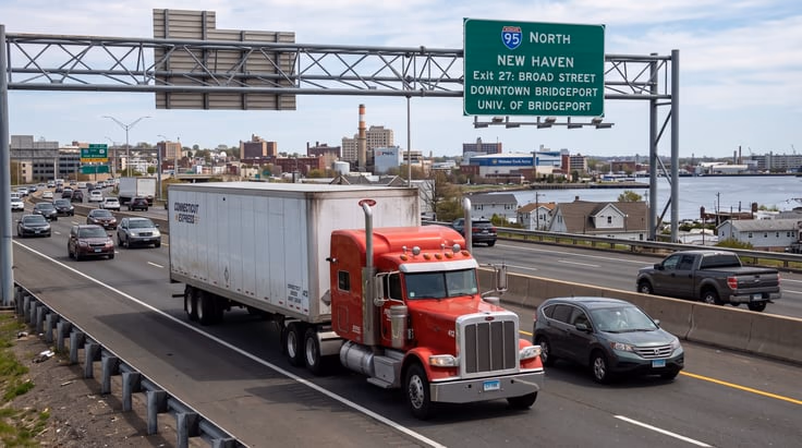 CDL tractor-trailer driving on I-95 in Connecticut