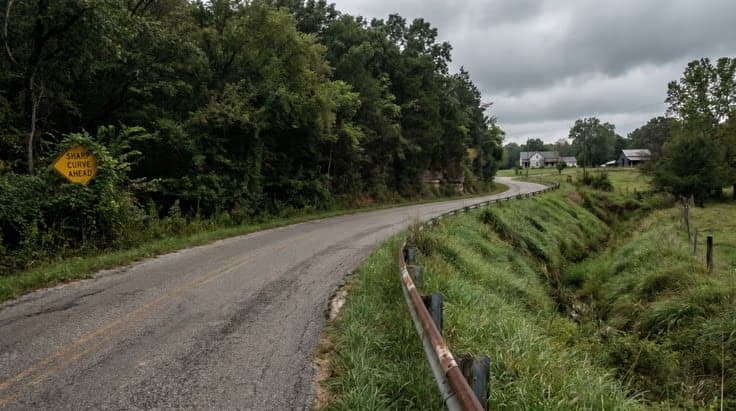Curvy rural road in Arkansas highlighting crash risks for teens studying the Arkansas drivers license study guide