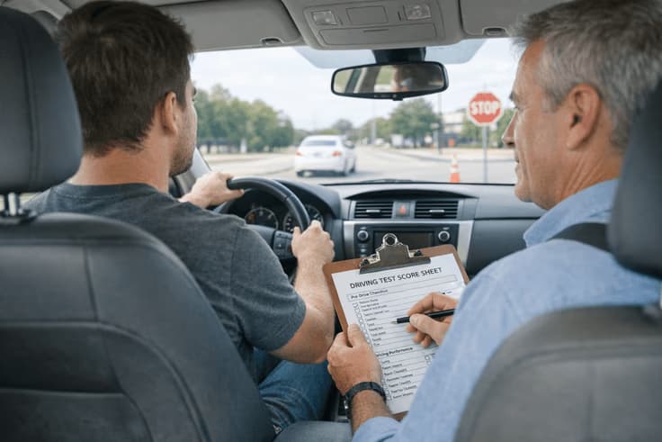 Examiner evaluating driver during the Florida driving road test as part of Florida road test requirements