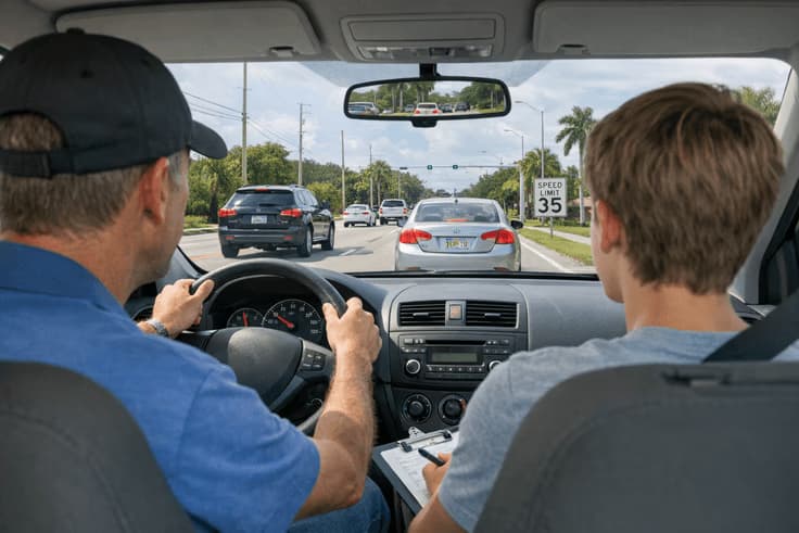 Student driver practicing for the Florida road test on real roads with traffic