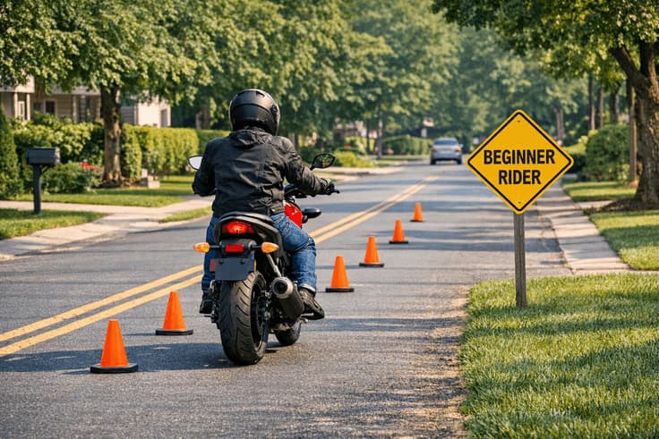 Beginner rider practicing after learning how to get motorcycle license in NY