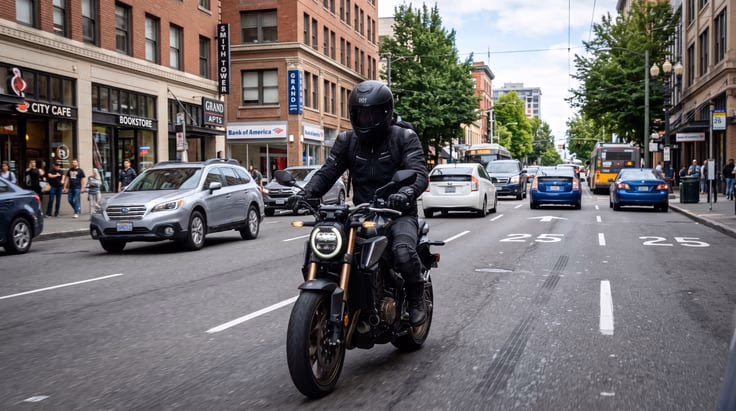 California M1 permit rider wearing DOT helmet on city street