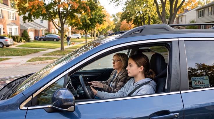 Teen driver practicing supervised driving for Michigan Level 1 license under graduated driver licensing