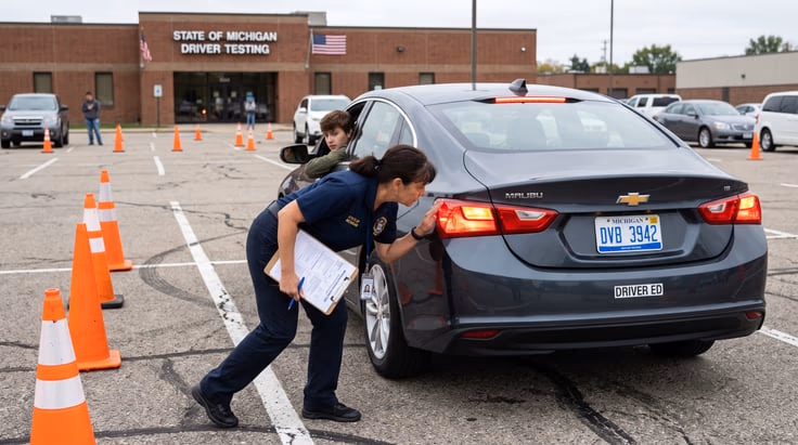 Examiner checking vehicle for Michigan driving license road skills test