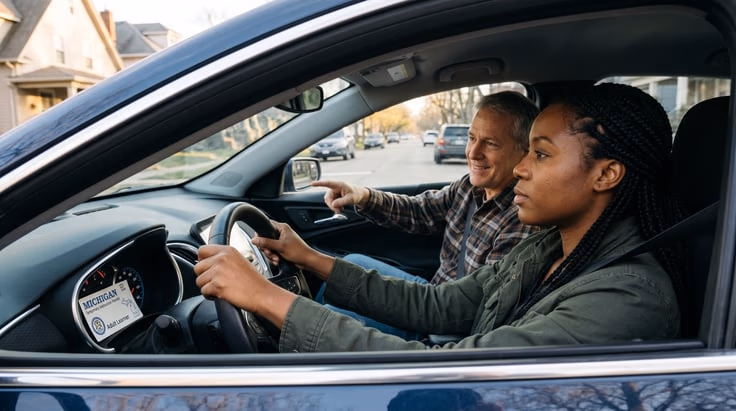 Adult driver practicing for Michigan driving license test with Temporary Instruction Permit