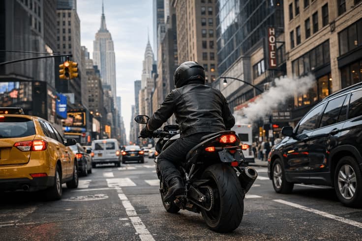 Motorcycle rider navigating NY city traffic, preparing for motorcycle permit test NY