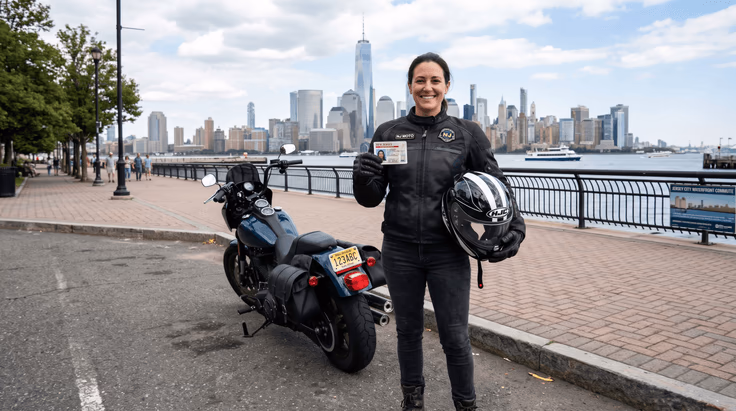 New Jersey motorcyclist holding helmet with motorcycle license and endorsement