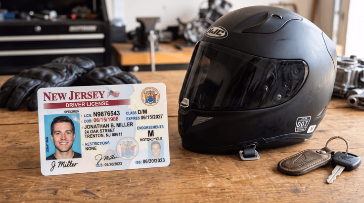 New Jersey driver's license with motorcycle endorsement next to a motorcycle helmet