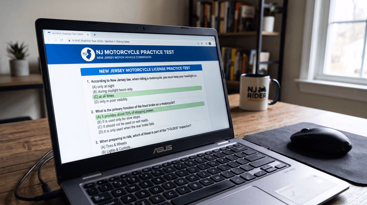 New Jersey motorcycle license practice test on laptop screen