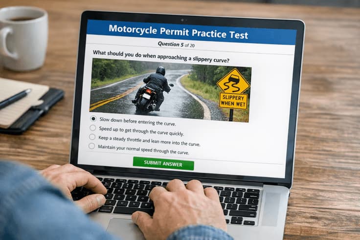 Taking a NY motorcycle permit practice test online to prepare for the exam