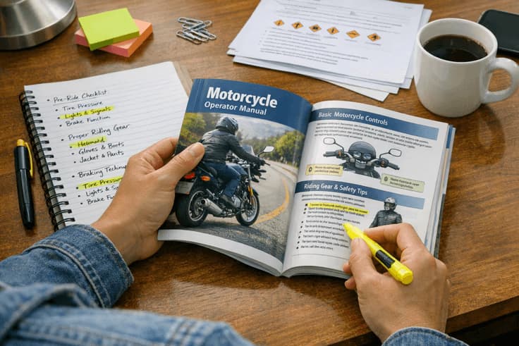 Beginner studying for practice test for motorcycle permit in NY with handbook