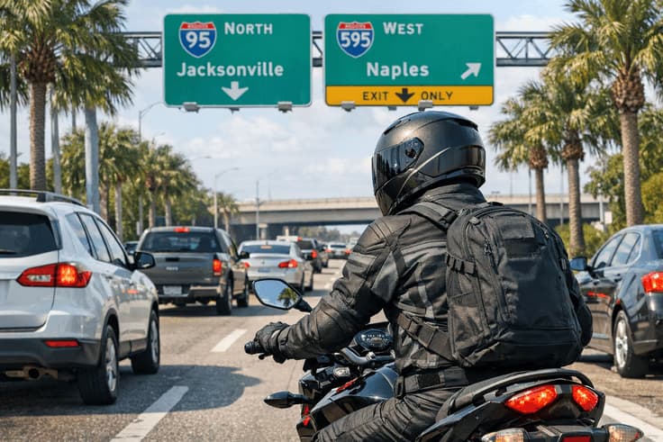 Motorcyclist using motorcycle safety tips while riding in Florida traffic