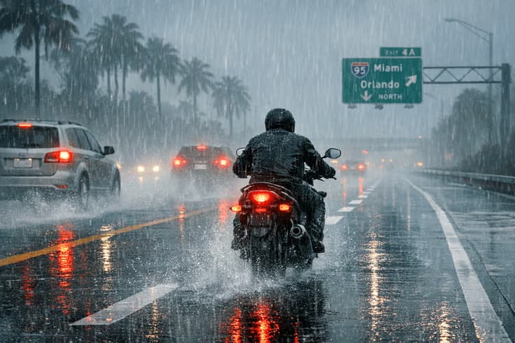 Riding a motorcycle in Florida during sudden rain: road hazards and weather safety tips