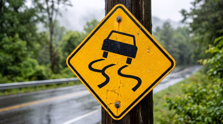 Slippery road sign shape: yellow diamond with skidding car and wavy lines