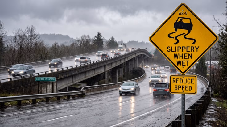 Slippery when wet road sign meaning bridges freeze faster than road