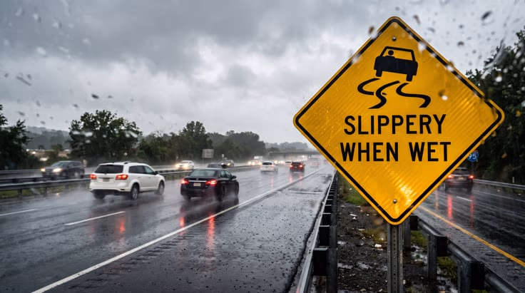 Slippery when wet sign meaning: slow down on slick road in rain
