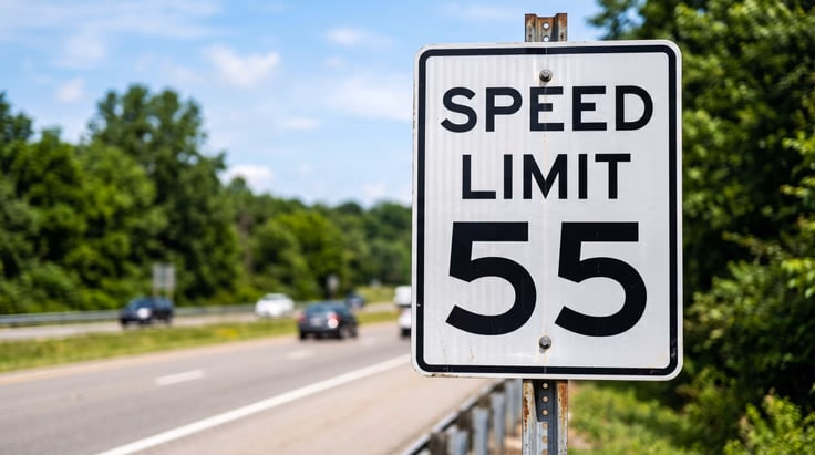 Speed limit sign meaning: white maximum speed sign showing SPEED LIMIT 55