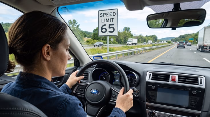 Driver checking speedometer and speed limit sign rules while approaching maximum speed sign