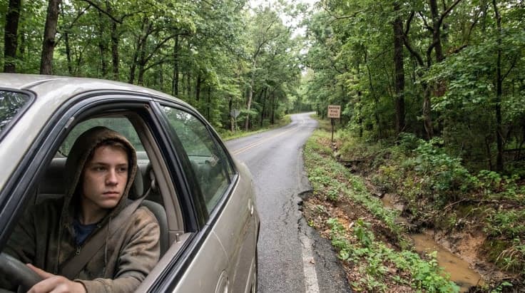 Teen driver on a narrow Arkansas rural road learning safe driving for getting a driving license in Arkansas