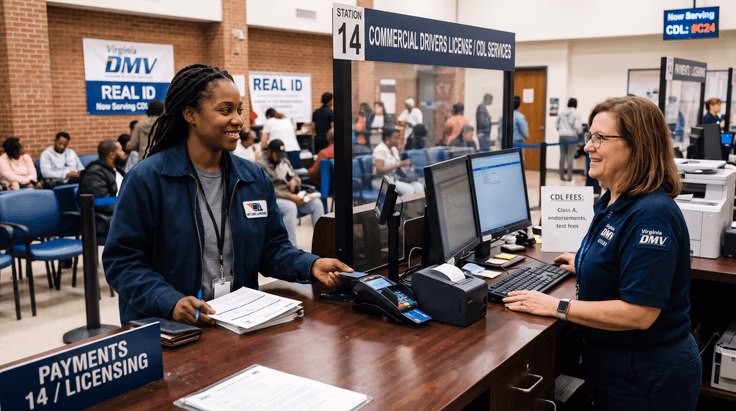 Virginia CDL fees and DMV customer service center payment counter