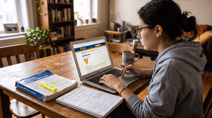 Person taking a Virginia DMV learners practice test on a laptop next to the Virginia Driver's Manual
