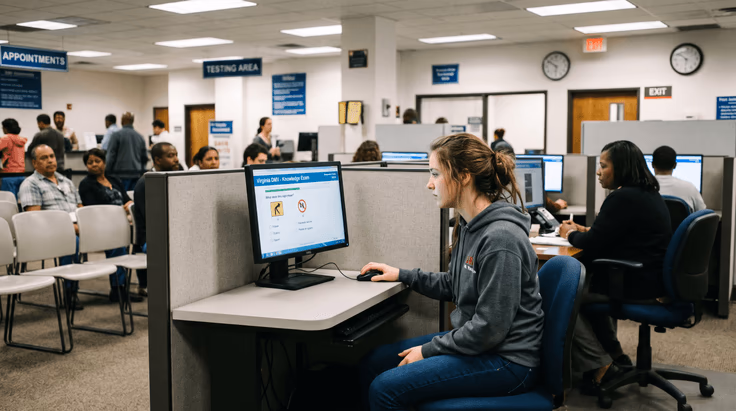 Teen taking the Virginia DMV permit test on a computer at a Virginia DMV office