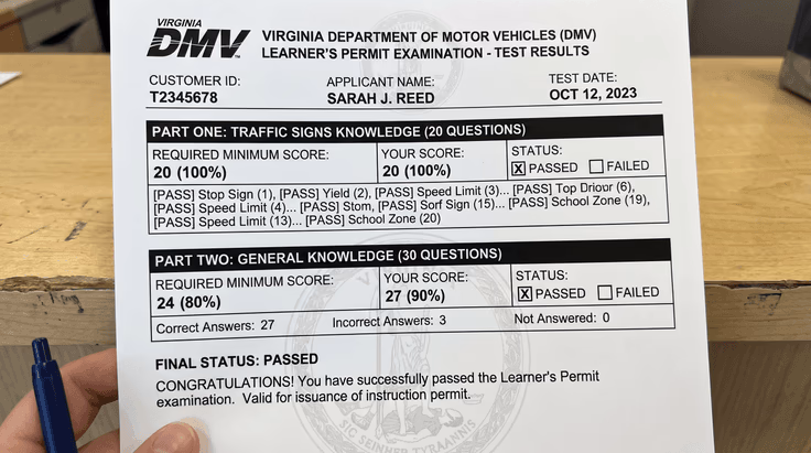 Virginia permit test passing score showing perfect sign section and general knowledge section