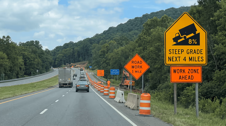 Virginia road signs including steep grade, tunnel, and work zone signs