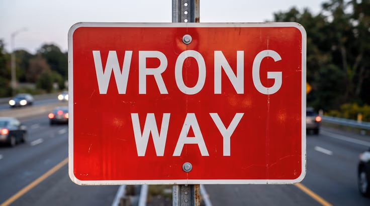 Wrong way sign color and shape: red rectangle with white WRONG WAY letters