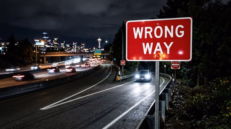 Wrong Way sign on a freeway off-ramp warning against oncoming traffic