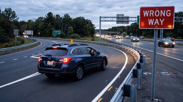Driver pulling over and turning around safely at a wrong way road sign