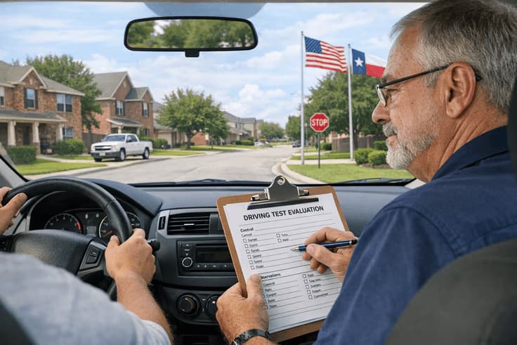 Behind-the-wheel road test with examiner, illustrating texas driving test requirements after passing the Texas written driving test
