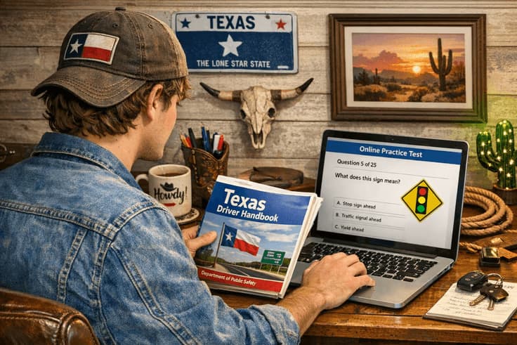 Student studying Texas written driving test handbook and taking texas written driving test online practice questions